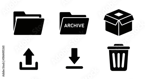 Collection of file management and data organization icons, including folders, archive, upload, download, and trash symbols