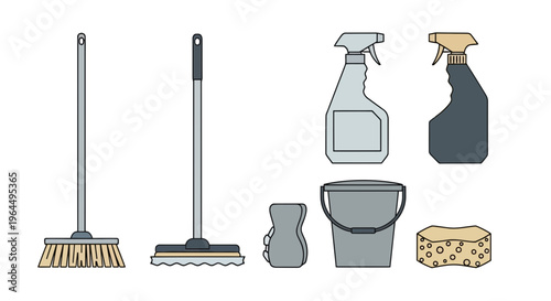 Vector illustration of household cleaning tools and supplies. Includes broom, mop, spray bottles, bucket, sponges for home sanitation