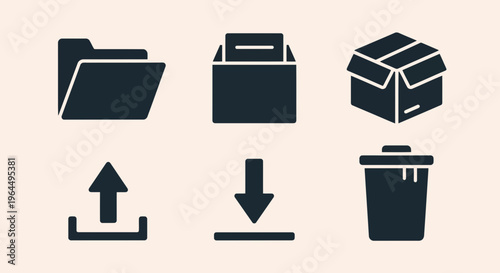 Simple graphic symbols for digital tasks folder, inbox, box, upload, download, and delete, useful for software and website design and user interfaces