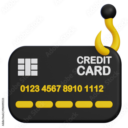 3D illustration of a credit card being stolen by a fishing hook, representing financial fraud and online security risks