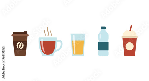 Diverse set of modern flat design beverage icons including coffee, tea, water, juice, and cold drinks, perfect for menus, apps, or website graphics