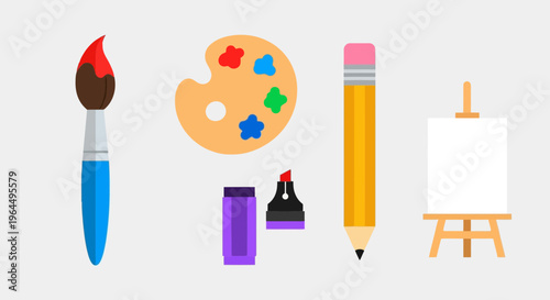 Collection of art and drawing supplies including a paintbrush, palette, pencil, marker, and easel with canvas for creative expression and artistic endeavors