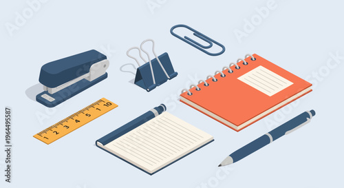 Collection of stationery items including a stapler, ruler, notebook, pen, paper clips and binder clips arranged on a plain background