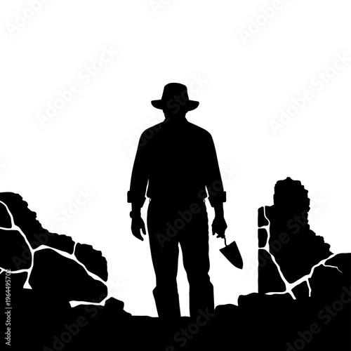 Silhouette of an Archaeologist Holding a Trowel, Exploring Ancient Ruins.