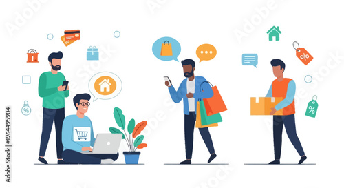 Online Shopping & E-commerce Concept. Customers browsing, buying with mobile & laptop, carrying shopping bags, and receiving home delivery. Digital retail experience.