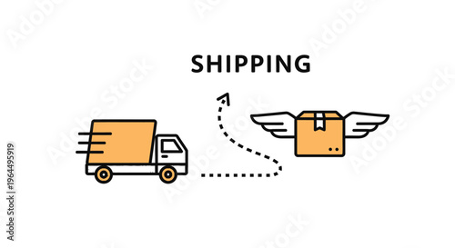 Fast Shipping and Delivery Service Icon with Truck and Flying Package