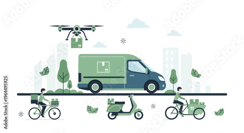 Multi-Modal Urban Delivery Network: Drone, Van, Scooter, and Bicycle Logistics Services Illustration