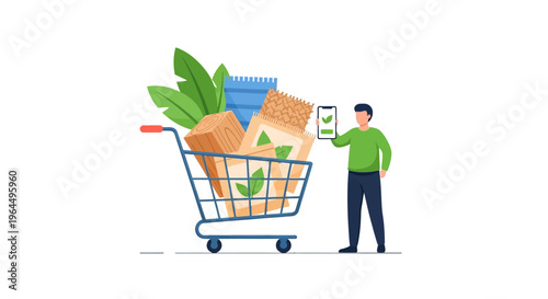 Eco-Conscious Online Shopping: Man Purchases Sustainable Products via Mobile App with Shopping Cart