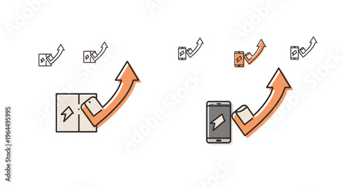 Mobile File Upload & Data Transfer Icon Set: Document to Smartphone Synchronization and Digital Information Flow Concept