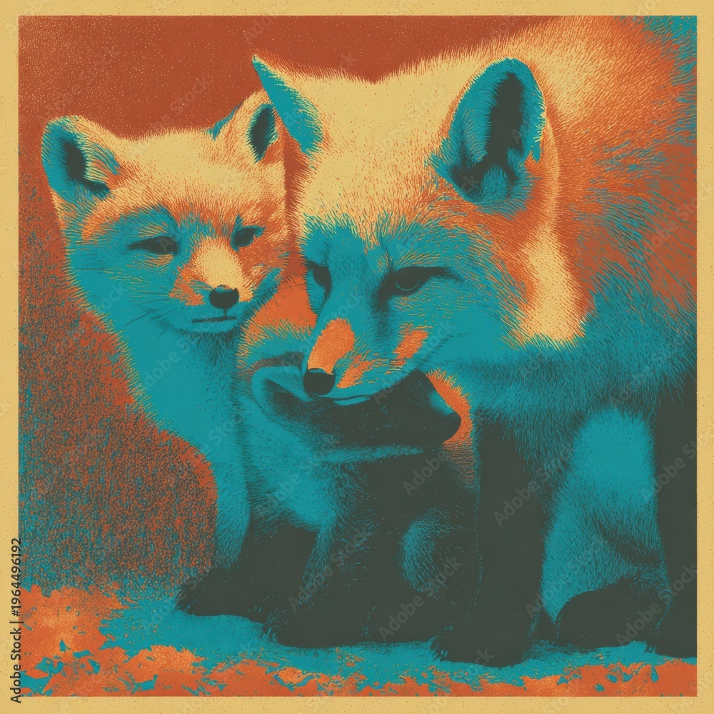 Obraz premium Fox Family Scene With Mother and Kits in Warm Colors, Highlighting Wildlife Interaction and Domestic Life in a Natural Setting