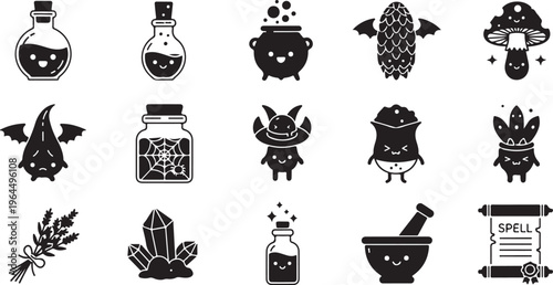 Black and white Halloween themed set with witch cauldron potion bottles and spider web