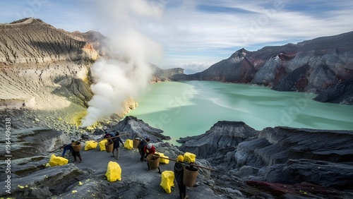 Sulfur miners navigate the extreme conditions of an active volcanic crater lake, highlighting the dangerous beauty of this natural wonder and the arduous human effort