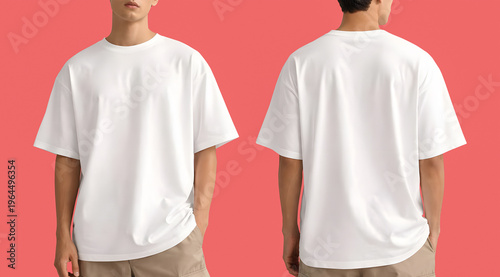 White T-Shirt Mockup Front and Back View on Coral Background, Blank Oversized Tee Template for Apparel Design