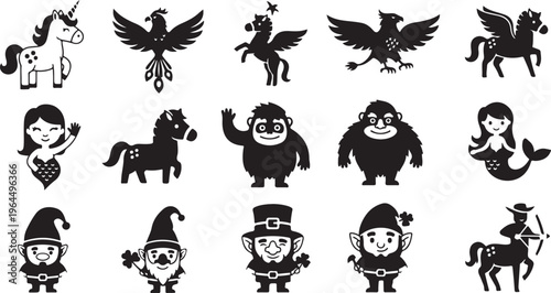 Black and white illustrated characters including animals and people in various poses and expressions