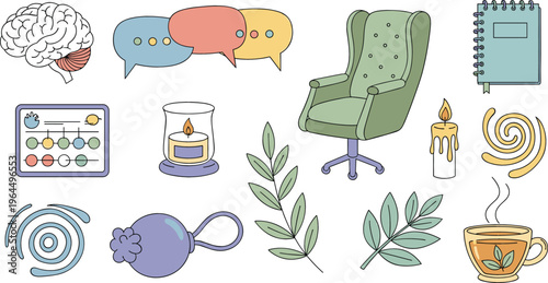 Mental health therapy elements set with brain speech bubbles armchair candle tea leaves and psychology tools mindfulness support flat vector illustration