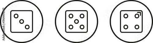 Three yellow circular icons with black outlined dice designs