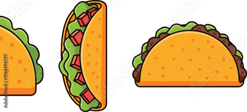 Mexican taco set with soft tortilla, beef filling, lettuce, and tomato toppings, delicious street food snack cartoon vector illustration collection