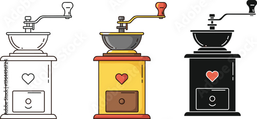 Vintage manual coffee grinder vector illustration with heart design, black silhouette style, colorful version, outline drawing, kitchen decor, retro artwork