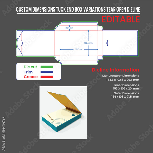 Custom Dimensions Tuck End Box Dieline with 3D Model and Dimensions packaging template