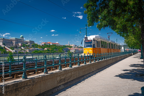 City life in Budapest with tram and castle hill, Hungary