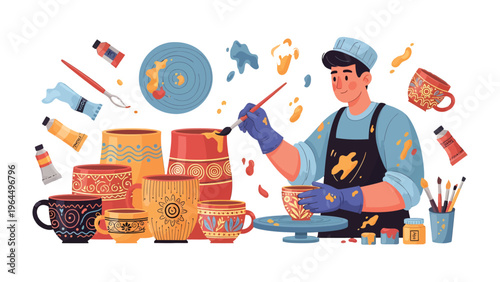 Crafting Creativity: A skilled artisan meticulously paints intricate designs onto ceramic masterpieces, surrounded by an array of colorful tools, demonstrating the art of pottery and ceramic design.