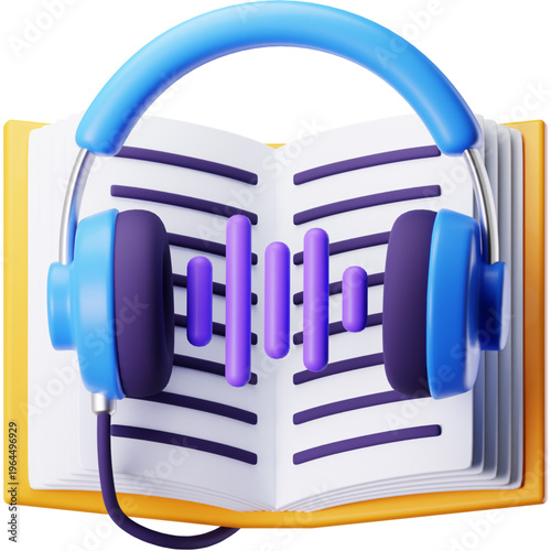 Immerse yourself in the world of audiobooks with this 3D illustration of headphones resting on an open book, symbolizing learning and entertainment
