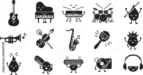 Black and white line collection of musical instruments animals vehicles and household line musical instruments