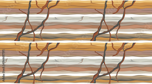 Abstract pattern of layered geological strata or wood grain with branching root-like structures.