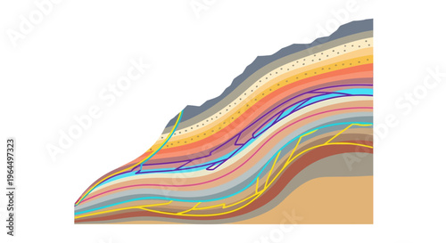 A detailed geological cross-section illustrating folded and faulted rock layers with various strata and subsurface structures.