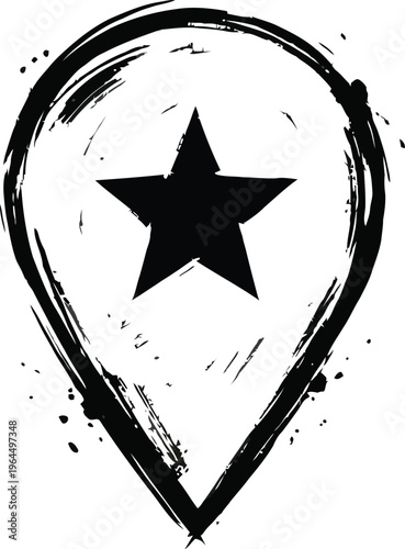 A black star symbol inside a teardrop shaped vector graphic illustration with a brush stroke design on a white background