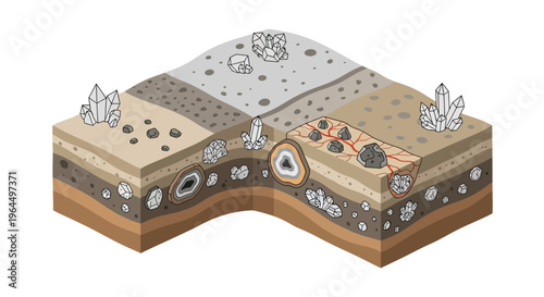 Isometric geological cross-section illustrating various rock strata, mineral deposits, and crystal formations.