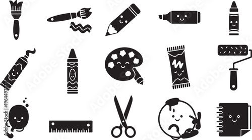 Black and white line collection of various and animals including tools animals and household line animals