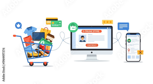 E-commerce Online Shopping & Delivery Concept. Digital Retail Experience with Mobile Payment, Secure Transactions & Order Tracking.