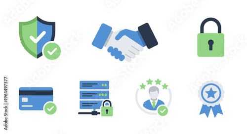 Security, Trust & Quality Icons: Data Protection, Secure Transactions, Customer Satisfaction, Business Agreement & Certification