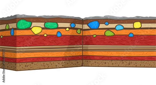 Cross-section of geological layers showing a fault line and displaced strata with embedded colorful rocks.