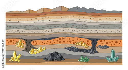 Geological cross-section illustrating various mineral deposits and earth layers underground.