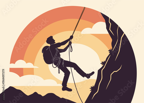 Adventurous Climber Silhouetted Against Vibrant Sunset Sky