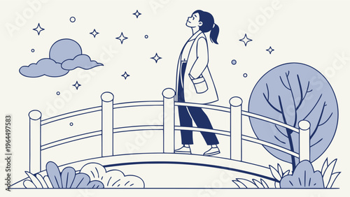 Introspective Woman On Blue White Bridge Under Starry Sky