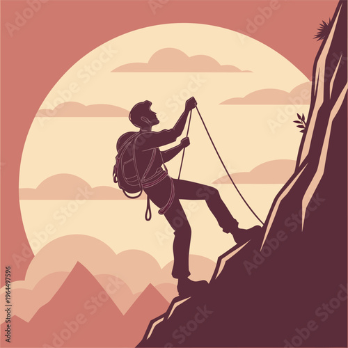 Adventurous Man Climbing Rocky Mountain Against Dramatic Sunset Sky