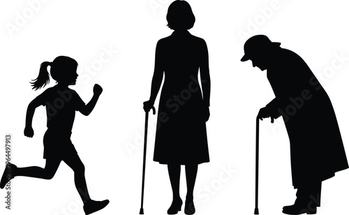Silhouette of a young girl running and elderly people walking with canes representing aging life stages physical health and generation,