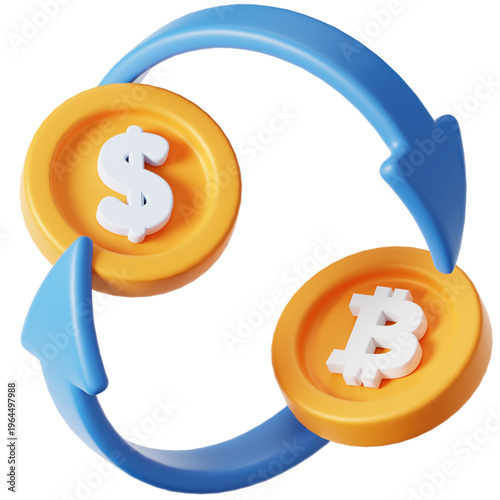 3D Illustration of Bitcoin and Dollar Coins Exchanging Value with a Circular Arrow Symbolizing Cryptocurrency Transactions