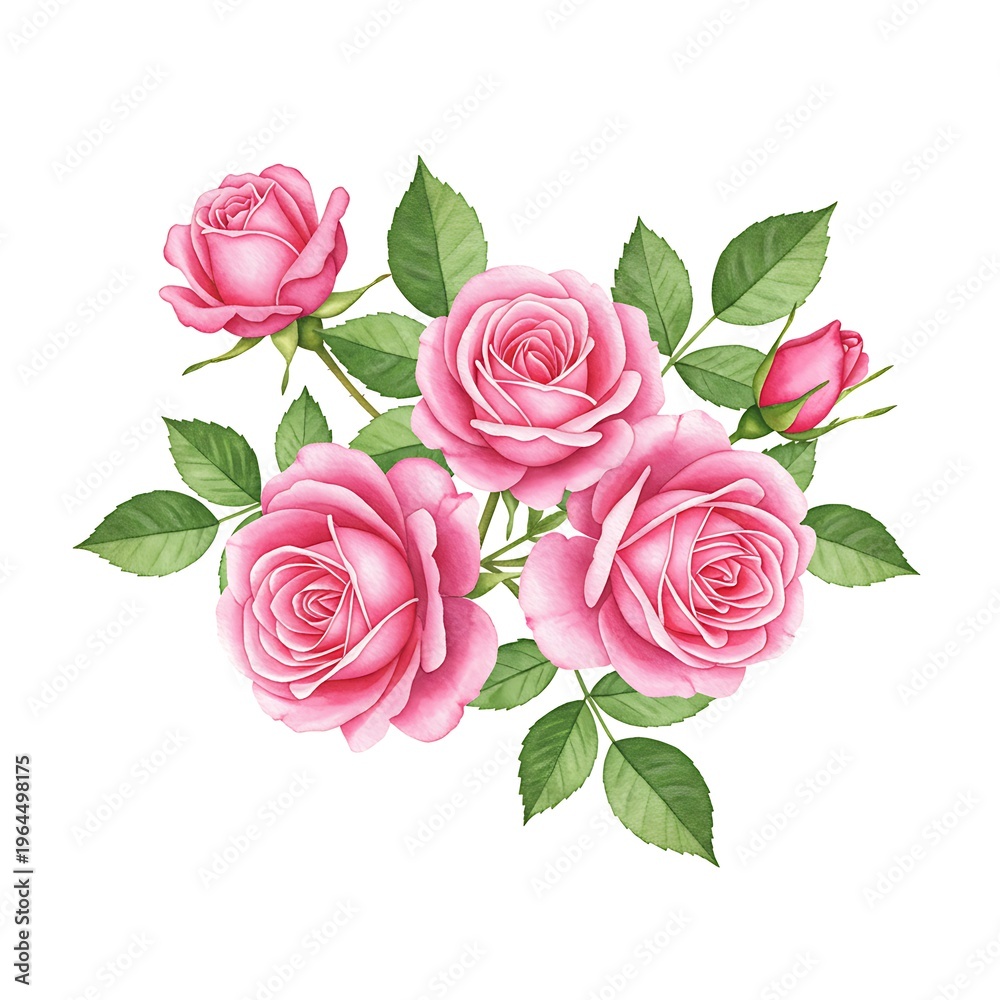 Naklejka premium A vibrant cluster of blooming pink roses with lush green leaves, digitally illustrated in a delicate style, perfect for adding natural beauty and romance to any design or special occasion