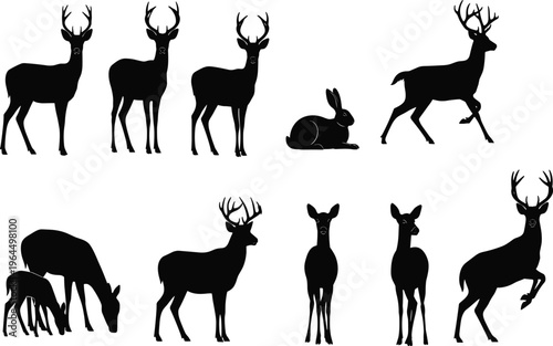 Black silhouette collection of wild deer bucks does fawns and a sitting rabbit isolated on white background for nature wildlife and hunting design projects.