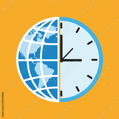 World clock concept split between globe map and analog clock face on orange background representing global time zones and international scheduling