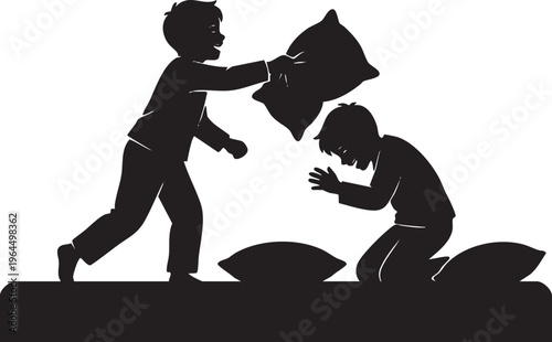 Energetic Silhouetted Boys Engaged in a Playful Pillow Fight on Bedtime Fun