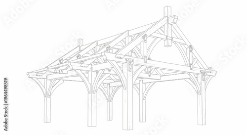 Architectural drawing of a traditional wooden roof structure with exposed timber beams and supports on an isolated white background.