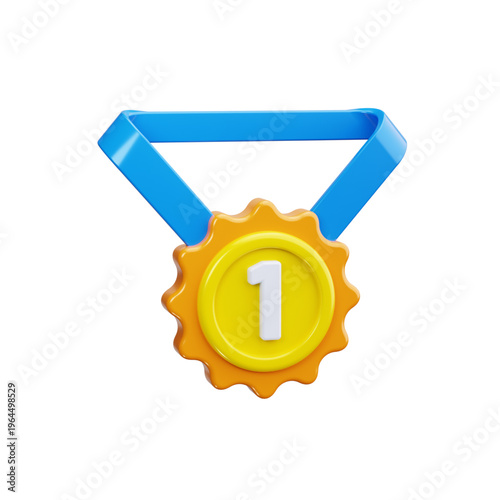 Vibrant 3D rendering of a gleaming gold first place medal with a blue ribbon, symbolizing achievement, success, and top performance