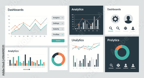 Collection of multiple dashboards displaying various data analytics, charts, and graphs for business intelligence on an isolated white background.
