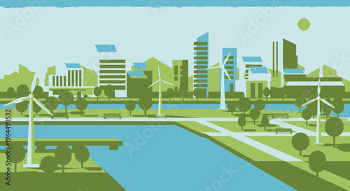 Green city skyline with modern buildings, wind turbines, lush trees, and a river, depicting an eco-friendly urban landscape under a bright sky.