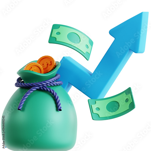 3D render of a money bag, coins, and flying cash with an upward arrow, symbolizing strong financial growth, investment success, and business prosperity